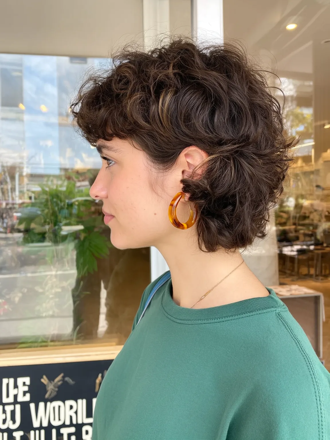 Curly Shag with Curtain Bangs in Deep Chestnut Brown